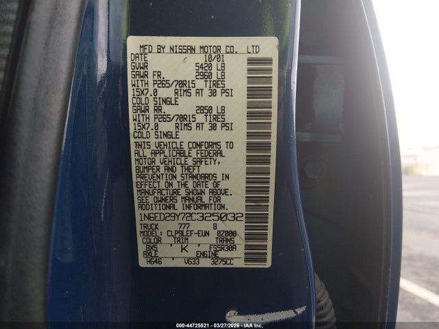 Aukcja sprzedaży 2002 Nissan Frontier Xe-v6, vin: 1N6ED29Y72C325032, numer aukcji: 44725521