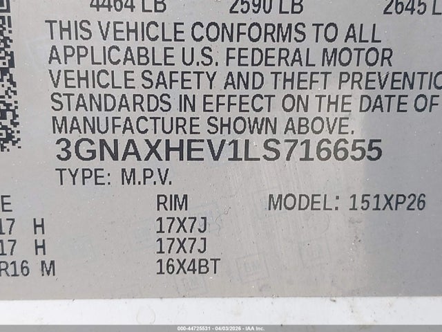 Aukcja sprzedaży 2020 Chevrolet Equinox Fwd Ls, vin: 3GNAXHEV1LS716655, numer aukcji: 44725531