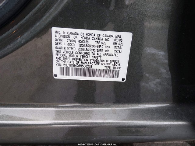 Aukcja sprzedaży 2006 Honda Ridgeline Rts, vin: 2HJYK16426H506278, numer aukcji: 44725550