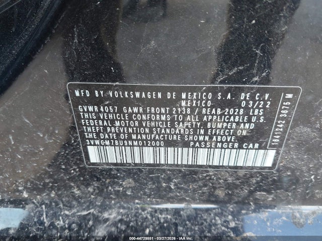 Продажа на аукционе авто 2022 Volkswagen Jetta 1.5t S, vin: 3VWCM7BU9NM012000, номер лота: 44725551