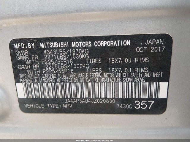 JA4AP3AU4JZ020830 Mitsubishi Outlander Sport 2.0 Le