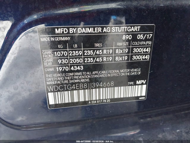 Aukcja sprzedaży 2018 Mercedes-benz Gla 250, vin: WDCTG4EB8JJ394668, numer aukcji: 44725566