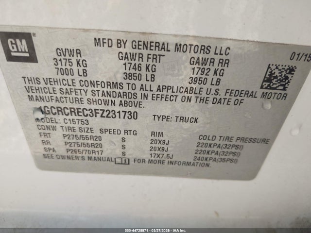 1GCRCREC3FZ231730 Chevrolet Silverado 1500 1lt
