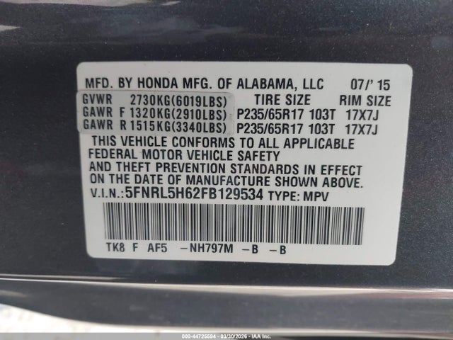 Продаж на аукціоні авто 2015 Honda Odyssey Ex-l, vin: 5FNRL5H62FB129534, номер лоту: 44725594