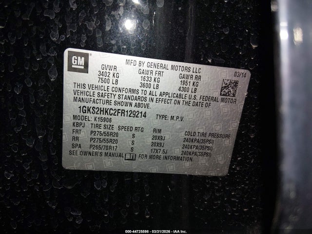 Продаж на аукціоні авто 2015 Gmc Yukon Xl 1500 Slt, vin: 1GKS2HKC2FR129214, номер лоту: 44725598
