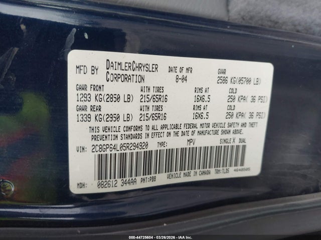Aukcja sprzedaży 2005 Chrysler Town & Country Limited, vin: 2C8GP64L05R294920, numer aukcji: 44725604