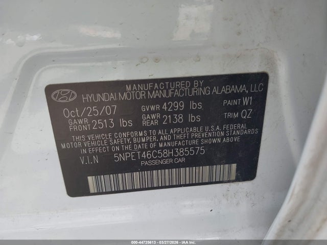 Aukcja sprzedaży 2008 Hyundai Sonata Gls, vin: 5NPET46C58H385575, numer aukcji: 44725613