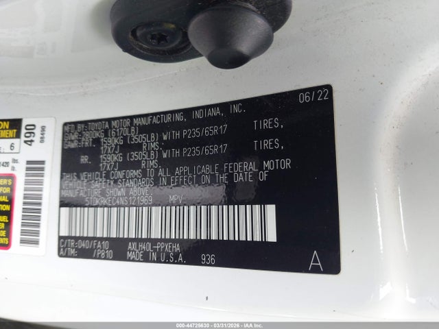 2022 Toyota Sienna Le მანქანა იყიდება აუქციონზე, vin: 5TDKRKEC4NS121969, აუქციონის ნომერი: 44725630