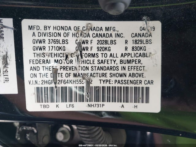 Honda Civic Lx 2019 2HGFC2F64KH555302 Image 9