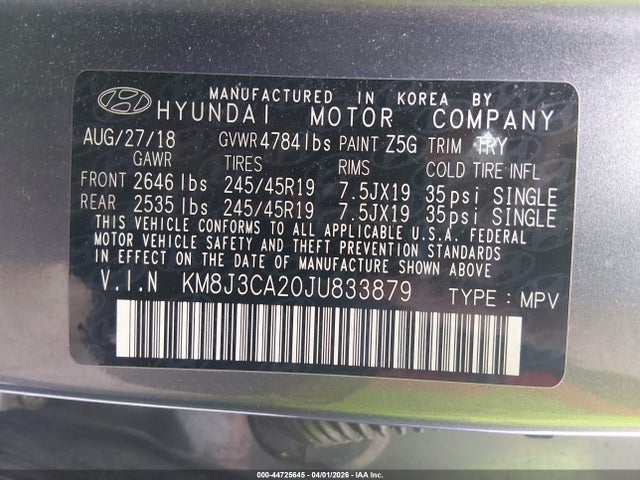 Продаж на аукціоні авто 2018 Hyundai Tucson Value, vin: KM8J3CA20JU833879, номер лоту: 44725645