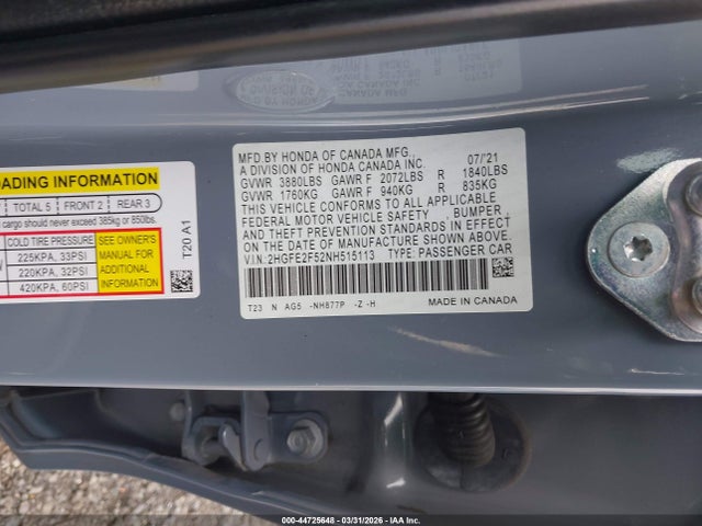 44725648 :رقم المزاد ، 2HGFE2F52NH515113 vin ، 2022 Honda Civic Sport مزاد بيع