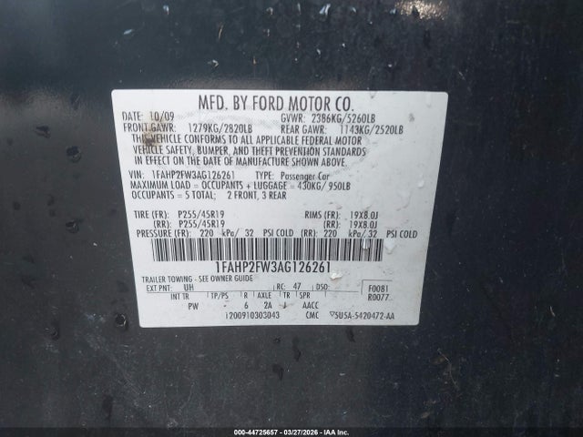 44725657 :رقم المزاد ، 1FAHP2FW3AG126261 vin ، 2010 Ford Taurus Limited مزاد بيع