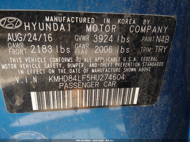 Продаж на аукціоні авто 2017 Hyundai Elantra Value Edition, vin: KMHD84LF5HU274604, номер лоту: 44725658
