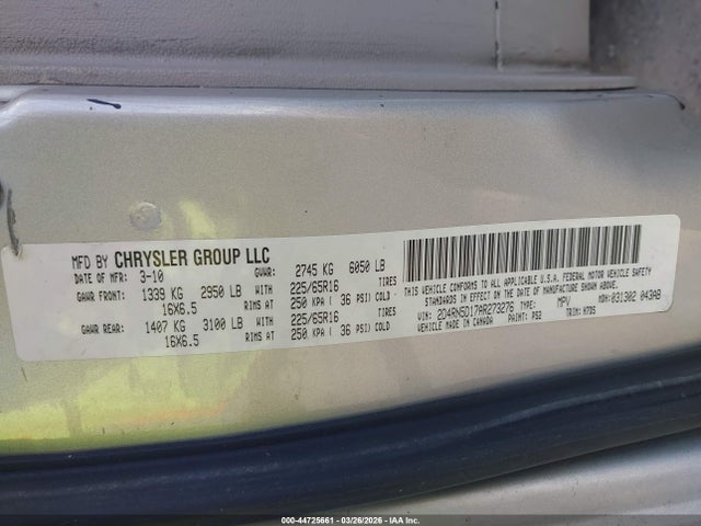 44725661 :رقم المزاد ، 2D4RN5D17AR273276 vin ، 2010 Dodge Grand Caravan Sxt مزاد بيع