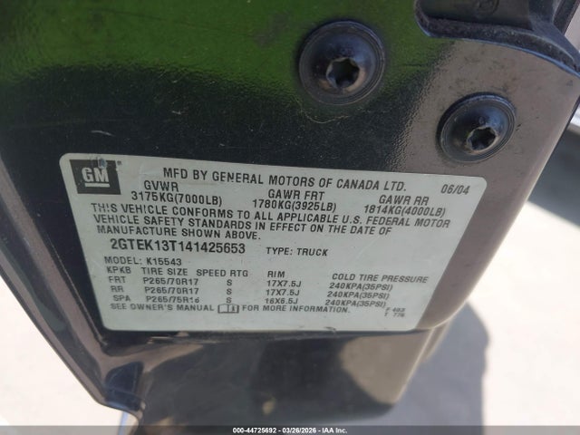 2004 Gmc Sierra 1500 Sle მანქანა იყიდება აუქციონზე, vin: 2GTEK13T141425653, აუქციონის ნომერი: 44725692