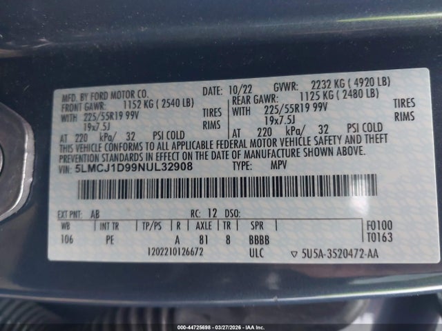 2022 Lincoln Corsair Standard მანქანა იყიდება აუქციონზე, vin: 5LMCJ1D99NUL32908, აუქციონის ნომერი: 44725698