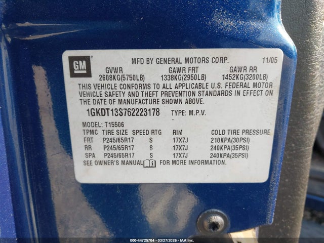 Aukcja sprzedaży 2006 Gmc Envoy Sle, vin: 1GKDT13S762223178, numer aukcji: 44725704