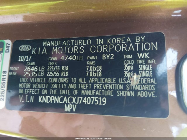 Продажа на аукционе авто 2018 Kia Sportage Ex, vin: KNDPNCACXJ7407519, номер лота: 44725719