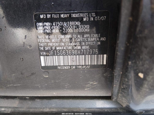2008 Subaru Forester 2.5x მანქანა იყიდება აუქციონზე, vin: JF1SG63698H717975, აუქციონის ნომერი: 44725725