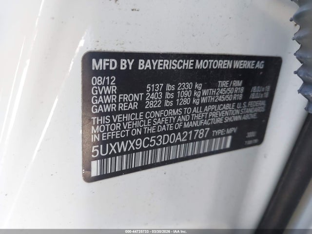 44725733 :رقم المزاد ، 5UXWX9C53D0A21787 vin ، 2013 Bmw X3 Xdrive28i مزاد بيع