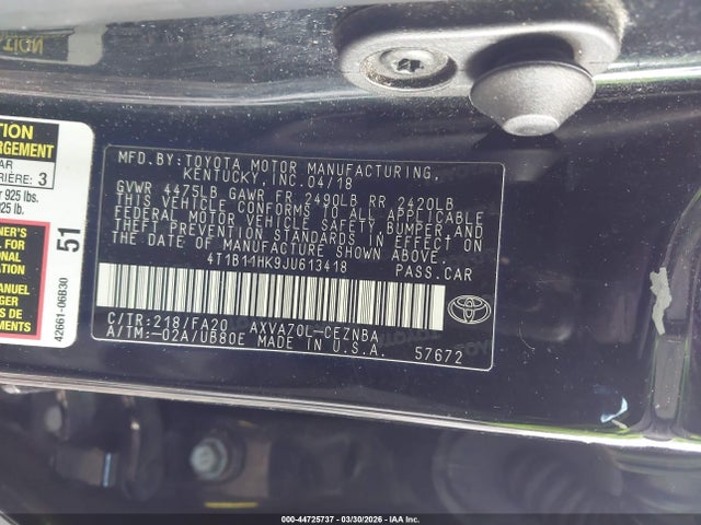 Продажа на аукционе авто 2018 Toyota Camry Le, vin: 4T1B11HK9JU613418, номер лота: 44725737