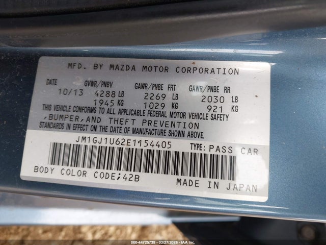 44725738 :رقم المزاد ، JM1GJ1U62E1154405 vin ، 2014 Mazda Mazda6 I Sport مزاد بيع