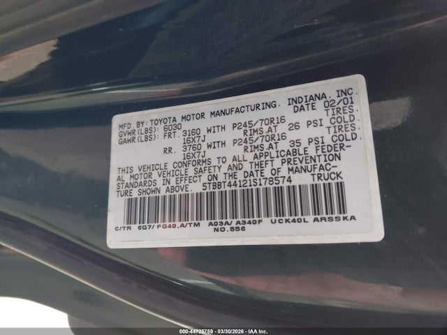 Продаж на аукціоні авто 2001 Toyota Tundra Sr5 V8, vin: 5TBBT44121S178574, номер лоту: 44725759