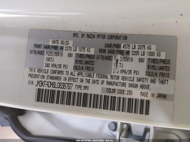 Aukcja sprzedaży 2020 Mazda Cx-5 Grand Touring, vin: JM3KFADM8L0838797, numer aukcji: 44725769