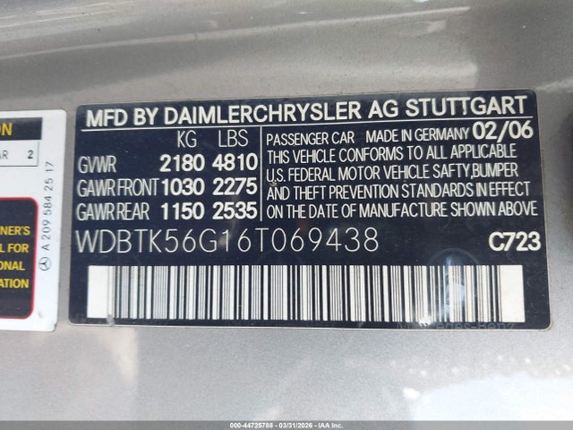 44725788 :رقم المزاد ، WDBTK56G16T069438 vin ، 2006 Mercedes-benz Clk 350 مزاد بيع