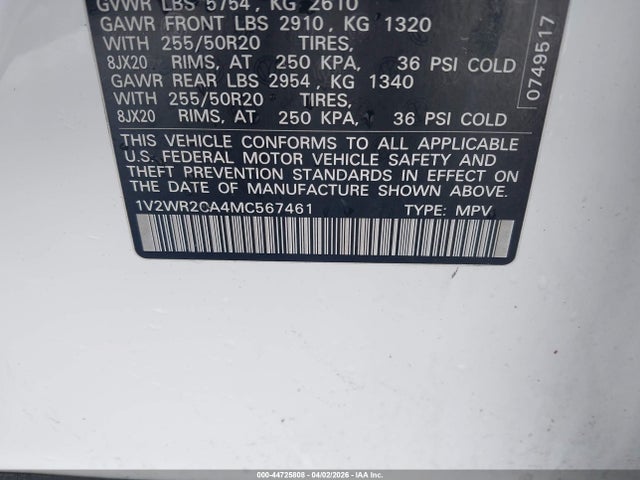 2021 Volkswagen Atlas 3.6l V6 Se W/technology მანქანა იყიდება აუქციონზე, vin: 1V2WR2CA4MC567461, აუქციონის ნომერი: 44725808