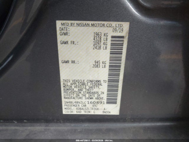 Продаж на аукціоні авто 2020 Nissan Altima S Fwd, vin: 1N4BL4BV2LC160891, номер лоту: 44725811