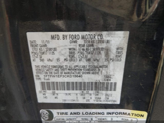 Продаж на аукціоні авто 2012 Ford F-150 Xlt, vin: 1FTFW1EF3CKD15640, номер лоту: 44725812