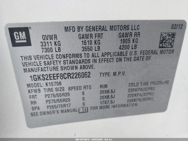 Aukcja sprzedaży 2012 Gmc Yukon Denali, vin: 1GKS2EEF8CR226062, numer aukcji: 44725815