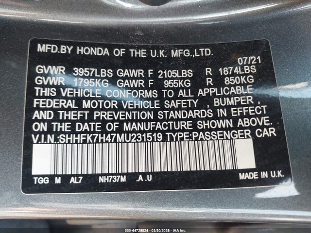 Aukcja sprzedaży 2021 Honda Civic Sport, vin: SHHFK7H47MU231519, numer aukcji: 44725824