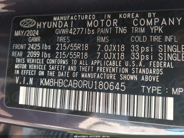 Продажа на аукционе авто 2024 Hyundai Kona Sel, vin: KM8HBCAB0RU180645, номер лота: 44725825