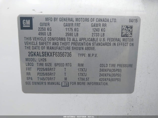 Продаж на аукціоні авто 2015 Gmc Terrain Slt-1, vin: 2GKALSEKXF6356736, номер лоту: 44725832