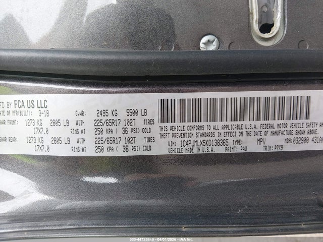 Продаж на аукціоні авто 2019 Jeep Cherokee Latitude Plus 4x4, vin: 1C4PJMLX5KD138365, номер лоту: 44725849