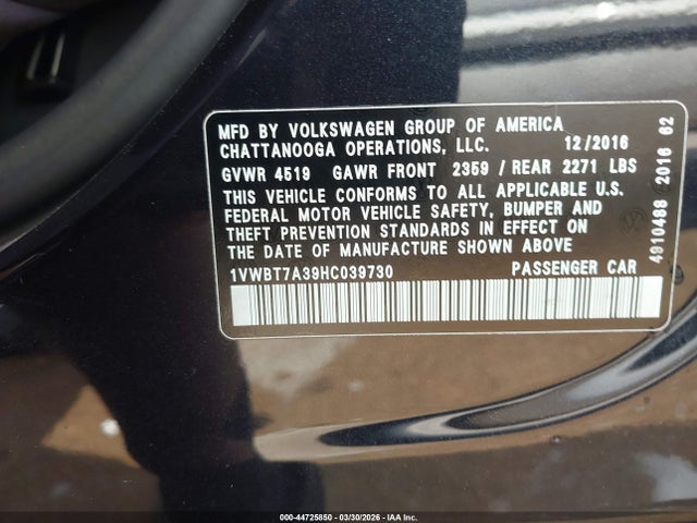 2017 Volkswagen Passat 1.8t Se მანქანა იყიდება აუქციონზე, vin: 1VWBT7A39HC039730, აუქციონის ნომერი: 44725850