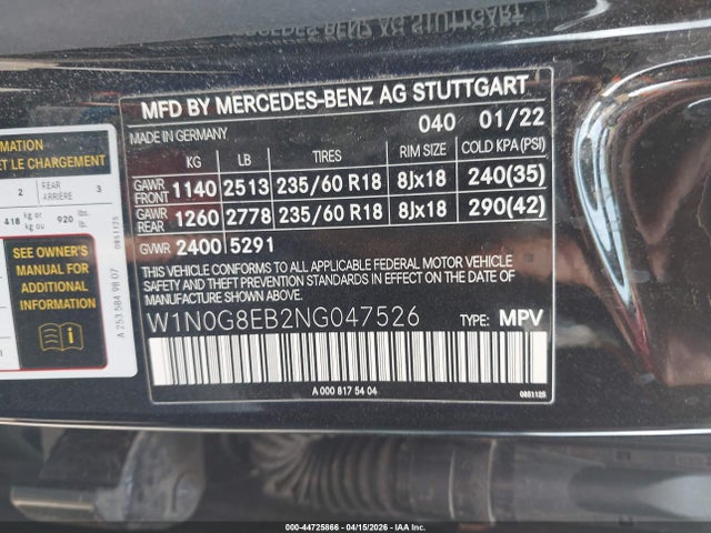 Продаж на аукціоні авто 2022 Mercedes-benz Glc 300 4matic Suv, vin: W1N0G8EB2NG047526, номер лоту: 44725866