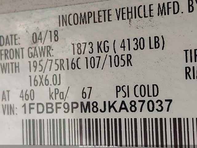Aukcja sprzedaży 2018 Ford Transit-350 Cutaway, vin: 1FDBF9PM8JKA87037, numer aukcji: 44725874