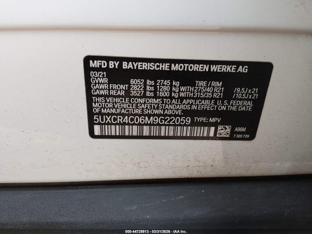 44725913 :رقم المزاد ، 5UXCR4C06M9G22059 vin ، 2021 Bmw X5 Sdrive40i مزاد بيع