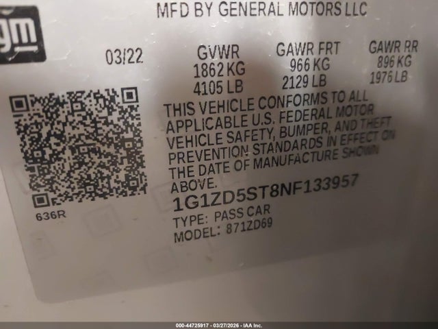 Aukcja sprzedaży 2022 Chevrolet Malibu Fwd Lt, vin: 1G1ZD5ST8NF133957, numer aukcji: 44725917