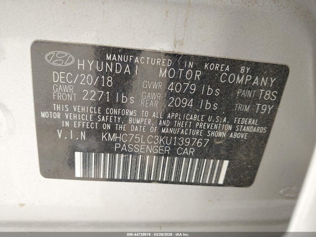 2019 HYUNDAI IONIQ HYBRID KMHC75LC3KU139767 Photo 8