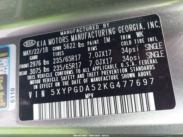 Продаж на аукціоні авто 2019 Kia Sorento 3.3l Lx, vin: 5XYPGDA52KG477697, номер лоту: 44725920
