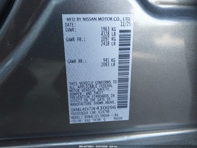44725931 :رقم المزاد ، 1N4BL4EV7SN430096 vin ، 2025 Nissan Altima Sl Fwd مزاد بيع
