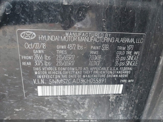 Продаж на аукціоні авто 2019 Hyundai Santa Fe Se, vin: 5NMS2CAD3KH055891, номер лоту: 44725936