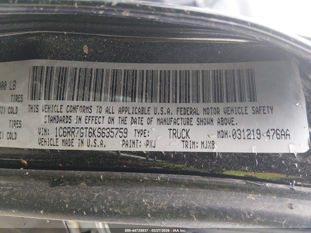 Aukcja sprzedaży 2019 Ram 1500 Classic Big Horn  4x4 6'4 Box, vin: 1C6RR7GT6KS635759, numer aukcji: 44725937