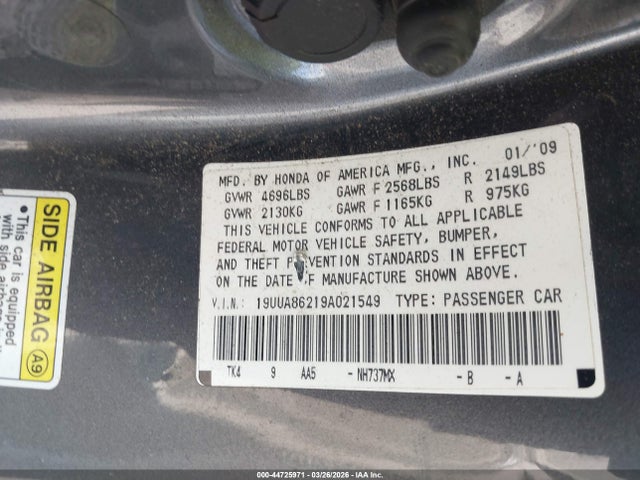 Aukcja sprzedaży 2009 Acura Tl 3.5, vin: 19UUA86219A021549, numer aukcji: 44725971