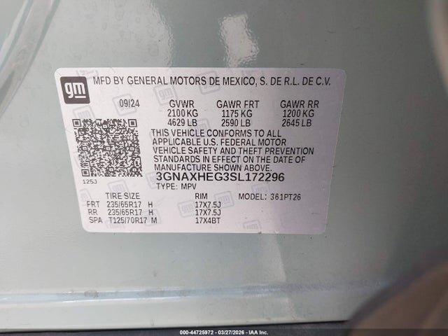 Продаж на аукціоні авто 2025 Chevrolet Equinox Fwd Lt, vin: 3GNAXHEG3SL172296, номер лоту: 44725972