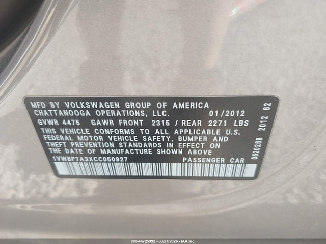 Продаж на аукціоні авто 2012 Volkswagen Passat 2.5l Se, vin: 1VWBP7A3XCC050927, номер лоту: 44725992